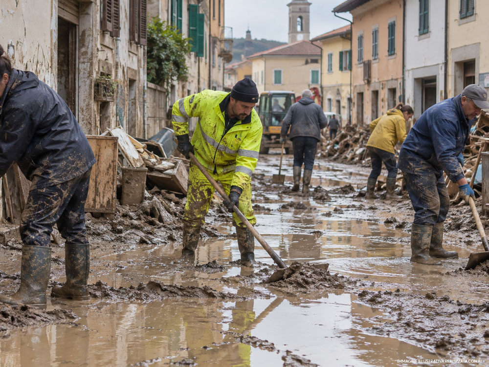 Fango alluvione: come gestire acqua, fanghi e detriti dopo un allagamento 1 Rimozione di fango alluvione, acqua e detriti con operatori impegnati nelle operazioni di pulizia