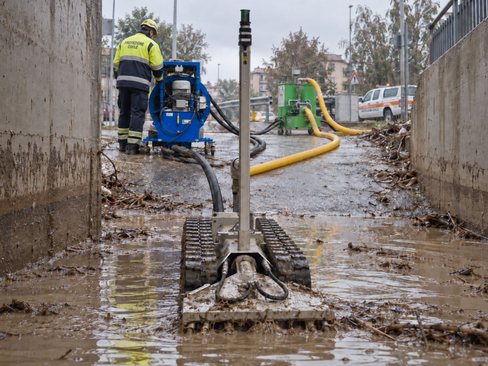 Apneo in un sottopasso allagato per raggiungere fango, acqua e detriti