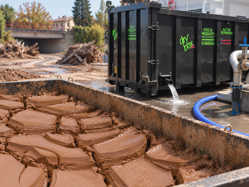 Dry Box Oltre per la gestione dei fanghi alluvionali con fango disidratato e acqua filtrata