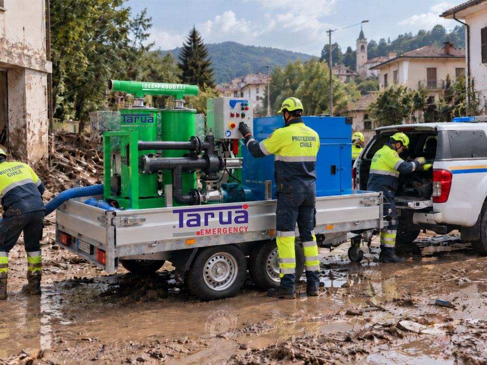 Tarua Emergency per aspirare fango alluvione, acqua e detriti in un intervento di emergenza